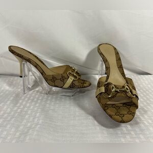 Gucci GG Canvas Horsebit Mule Heels Size 37 AS IS